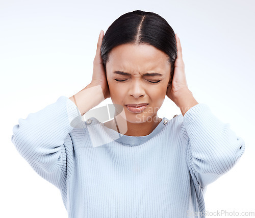 Image of Stress, headache and hands of woman on head for anxiety, vertigo and brain fog on white background. Migraine, noise and female with sensitive ears, pain and hearing loss, damage or trauma in studio