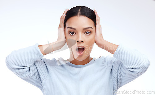 Image of Wow, portrait and woman in studio mind blown, surprised and shocked on white background. Omg, face and girl with open mouth, gesture and expression after hearing good news of sale, discount or deal