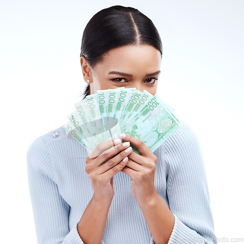 Image of Studio money, face portrait or woman with lottery win, competition giveaway or euro cash award. Finance trading, bonus payment or hidden winner of poker, prize or casino gambling on white background