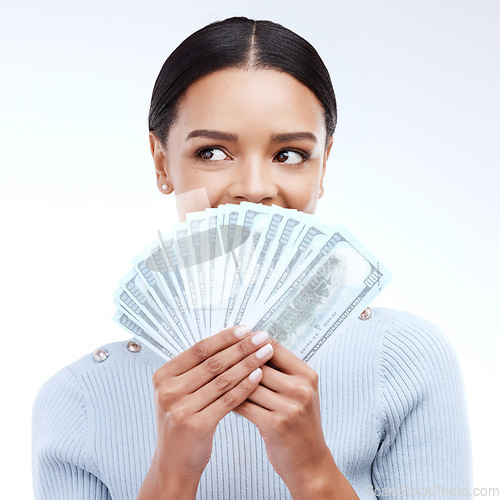 Image of Dollars, face and studio woman with money award win, competition giveaway or bonus cash payment. Finance trading bills, financial freedom income or lotto prize winner with person on white background