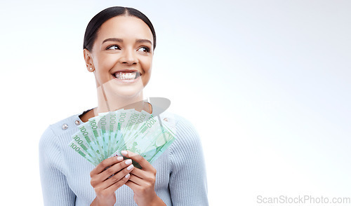 Image of Studio money, face mockup and happy woman, marketing person and lottery win, competition giveaway or euro cash award. Advertising mock up, financial payment or casino prize winner on white background