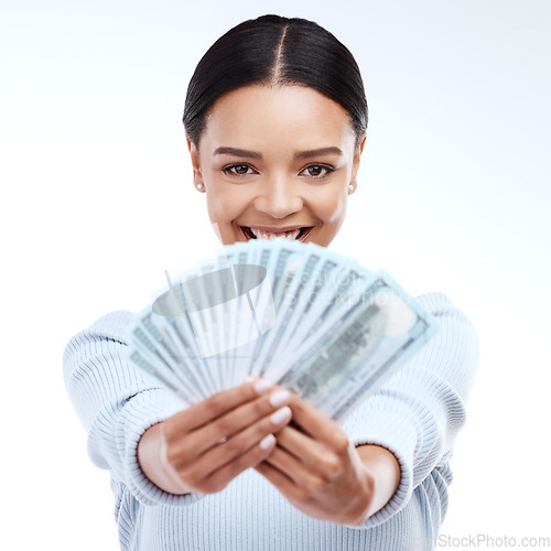 Image of Dollar money, face portrait and happy woman with lotto win, competition giveaway or studio cash award. Financial freedom, bonus or female winner of poker, prize or casino gambling on white background