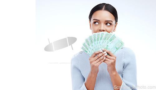 Image of Studio money, thinking face and woman contemplating lottery, mockup competition giveaway or euro cash award. Advertising mock up, financial payment idea or casino prize winner on white background