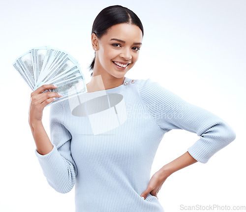 Image of Studio cash money, portrait and happy woman with lottery win, competition giveaway or dollar bills award. Finance bonus, payment or prize winner of poker, bingo or casino gambling on white background