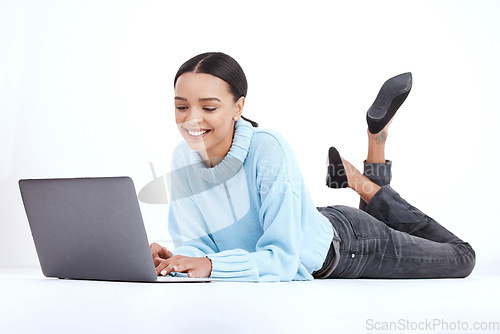 Image of Studio, laptop or relax woman typing internet, web or website search for student research, digital study or project. Knowledge education, online report or learning female isolated on white background