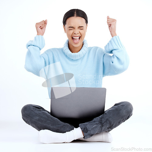 Image of Fist pump celebration, laptop winner and happy woman celebrate victory news, winning achievement or profit success. Cheers, bonus salary announcement and excited studio person on white background