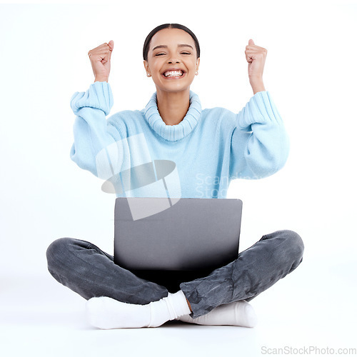 Image of Celebration portrait, laptop winner and happy woman celebrate victory news, winning achievement or finish project. Student fist pump, success announcement or excited studio person on white background