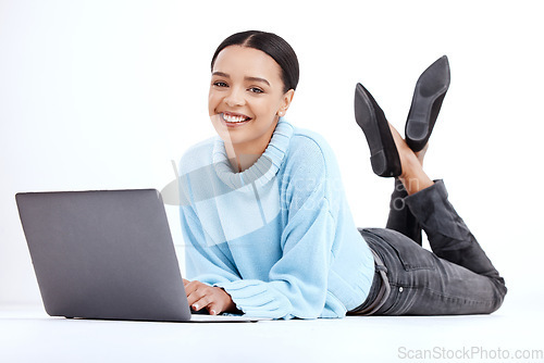 Image of Studio, laptop or portrait woman typing internet, web or website search for student research, digital study or project. Knowledge education, online or learning female isolated on white background