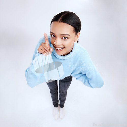 Image of Mock up, face portrait and happy woman point at sales promotion, advertising copy space or discount deal mockup. Brand commercial girl, studio top view or product placement female on white background