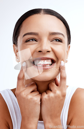 Image of Dental, smile and mouth care for woman in studio for teeth whitening, hygiene and treatment on white background. Oral, cleaning and girl happy with invisible braces, veneers and tooth implants