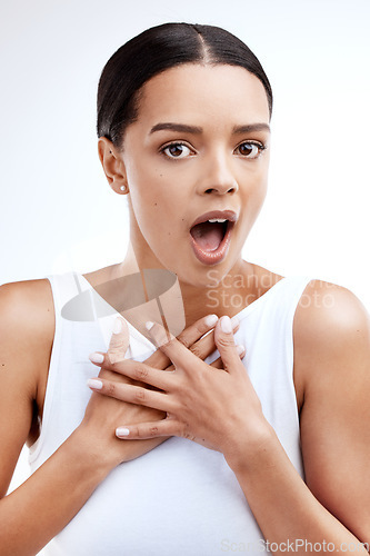 Image of Surprise, shocked and portrait of woman in studio for news, announcement and notification. Wow, crazy and excited with female isolated on white background for achievement, mind blown and amazed