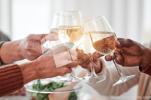 Image of Hands, dinner and party with wine glass and cheers together with love and drinks with celebration and holiday. Toast, alcohol beverage and relationship, hungry people with meal and social event