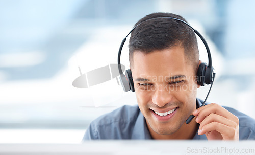 Image of Call center, mockup or friendly man in communication for telecom customer services on mic. Smile, crm or face of happy sales agent consulting, speaking or talking in technical support help desk