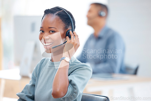 Image of Call center portrait, headset or black woman in communication at telecom customer services. Microphone, smile or happy African sales agent consulting, speaking or talking in tech support help desk