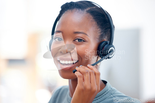 Image of Call center portrait, headset or happy black woman in communication at telecom customer services. Mic, smile or friendly African sales agent consulting, speaking or talking in tech support help desk