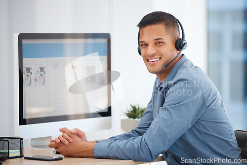 Image of Call center portrait, computer or friendly man in communication for telecom customer services. Smile, contact or happy sales agent consulting on microphone in crm technical support help desk office