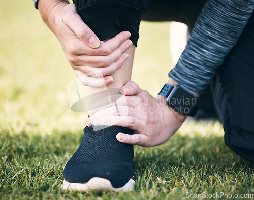 Image of Closeup woman, pain and ankle injury outdoor from fitness accident, emergency or first aid risk at park. Joint, bone health and injured leg of athlete, runner and problem of arthritis, muscle or feet