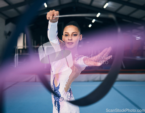 Image of Ribbon, gymnastics and portrait of woman dance for performance, sports competition and action show. Female, rhythmic movement and dancing athlete with creative talent, concert event or practice arena