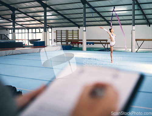 Image of Ribbon dancing, dance exam and woman gymnast with fitness, performance art and training. Gymnastics, girl and show of a gymnastic dancer in a exercise competition with creative workout and checklist