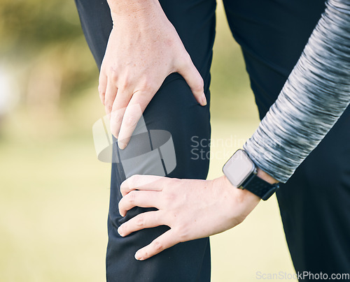 Image of Closeup woman, knee pain and injury for fitness, first aid emergency and exercise health risk at park. Legs of female athlete, accident and workout mistake of injured muscle, runner problem and wound