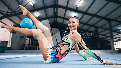 Image of Portrait of happy woman, gymnastics and ball for performance, sports competition and dancer in arena. Female, rhythmic movement and dancing with creative talent, solo concert and agility training