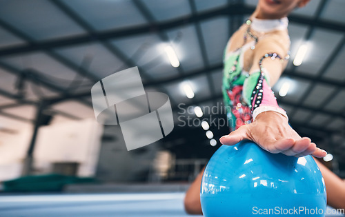 Image of Woman hands, gymnastics and ball for performance, elegant training and dancer in sports arena. Closeup female, rhythmic movement and dancing for creative talent, solo concert and agility in action