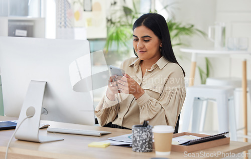 Image of Phone, break or business woman on social media to relax while networking or texting message in office. Mobile app technology, digital communication or Indian employee typing or checking emails online