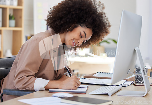 Image of Notebook, ideas or business woman writing report in a diary or journal for time management schedule. Agenda, strategy documents or happy girl journalist planning a reminder for an office appointment