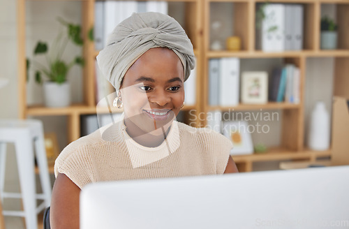 Image of Business, smile or black woman typing on computer working on search engine or online project research. SEO technology, email or happy African journalist writing blog reports or internet articles