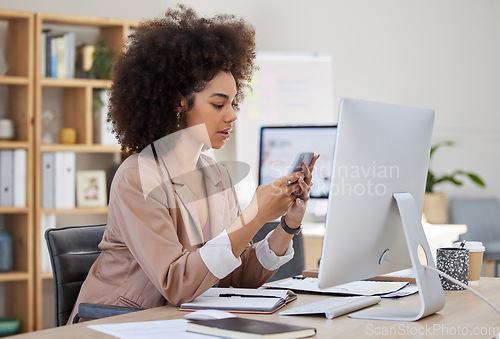 Image of Business, phone or woman on social media to relax online on a break at workplace office desk. Mobile app, typing or biracial girl journalist texting or searching for blogs, news or internet articles