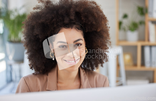 Image of Business, portrait or happy woman typing on computer working on email or online project research. Face, positive mindset or biracial girl journalist writing blog reports, media or internet articles