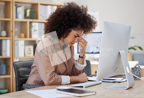 Image of Headache, migraine and frustrated woman on computer stress, depression or health risk in office working. Pain, depressed or angry, biracial business person with burnout or fatigue for online career
