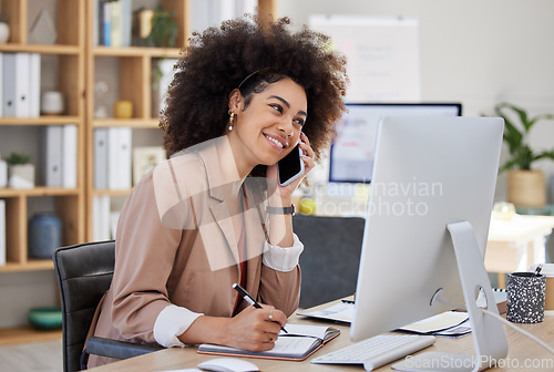 Image of Phone call, computer and woman writing, talking and business networking, online advice or happy virtual help in office. Professional biracial person in conversation, planning and thinking on computer