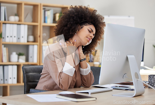 Image of Stress, office or woman with neck pain injury, fatigue or bad posture in business or company desk. Burnout, tired girl or injured female worker frustrated or stressed by muscle tension or problem