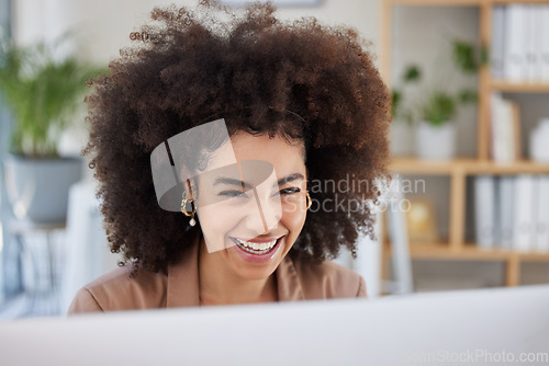 Image of Business, computer or happy woman laughing at meme on social media or relaxing break at workplace. Face, crazy feedback or biracial girl journalist smiling or writing funny blog or comedy articles