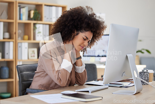 Image of Burnout, office or woman with neck pain injury, fatigue or bad ache in a business or company desk. Posture problems, tired girl or injured female worker frustrated or stressed by muscle tension