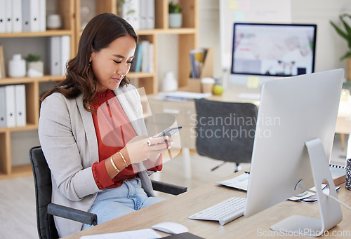 Image of Office, phone or woman on social media to relax online on a break at workplace desk of business. Mobile app, break or girl journalist texting, typing or searching for blogs, news or internet articles