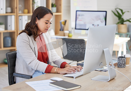 Image of Business, journalist or woman typing on computer working on email or content research project online. Technology, office feedback data or focused girl writing blog report, agenda or internet articles