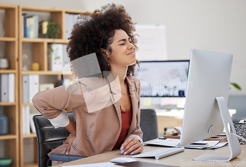 Image of Back pain, stress and woman working on computer with medical, healthcare and muscle problem for office burnout. Fatigue, frustrated and biracial person or business employee with spine risk in chair