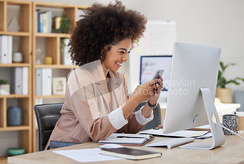 Image of Office, phone or happy woman laughing at meme on social media or relaxing break at workplace. Smile, crazy comic content or biracial girl journalist smiling or reading a funny blog or comedy articles