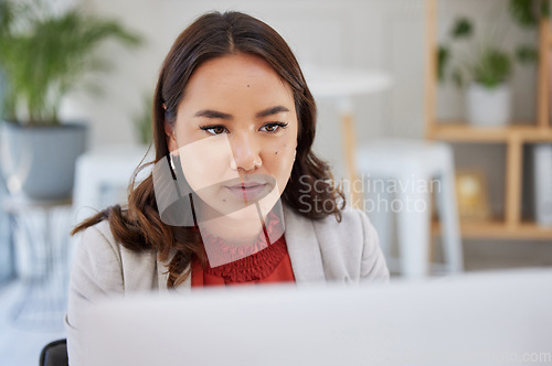 Image of Business, office or woman typing on computer working on email or content research project online. Technology, seo data feedback or girl journalist writing blog reports or internet articles with focus