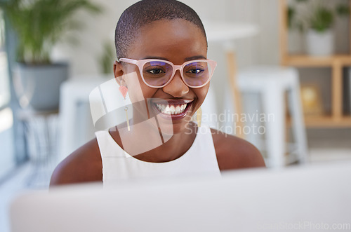 Image of Writer, happy or black woman typing on computer working on search engine or online project research. SEO technology, smile or African journalist writing on website, blog reports or internet articles