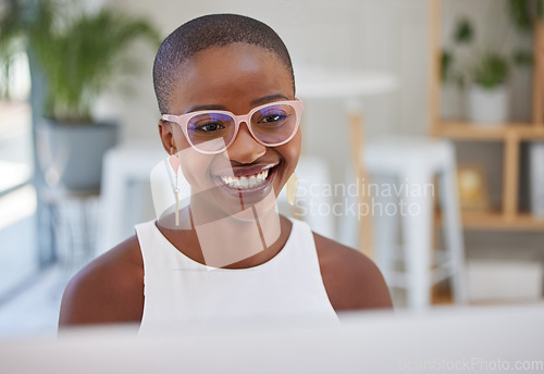 Image of Journalist, happy or black woman typing on computer working on search engine or online project research. SEO technology, smile or African copywriting on website, blog reports or internet articles