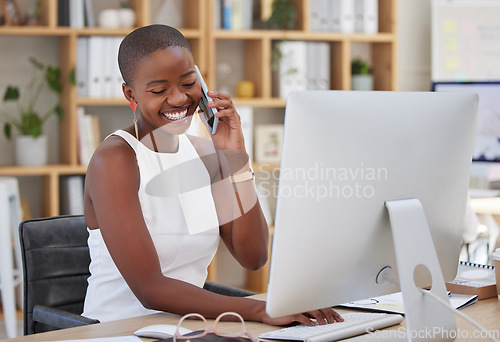 Image of Phone call, computer and woman talking, typing and business networking, online advice or happy virtual help in office. Professional African person on desktop with conversation, feedback and speaking