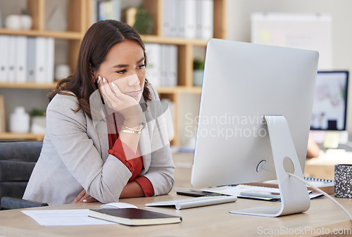 Image of Bored, burnout or tired business woman is sleepy in the office from deadlines, overworked or overwhelmed. Depression, fatigue or exhausted female worker working on computer at administration desk