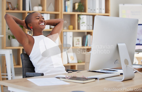 Image of Success, relax or happy black woman in taking break from copywriting online for mental health in office. Calm freedom, mindset or wellness of journalist in workplace with smile stretching or resting