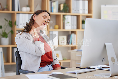 Image of Stress, office or woman with neck pain injury, fatigue or burnout in a business or startup company. Posture problems, tired girl or injured female worker frustrated or stressed by muscle tension