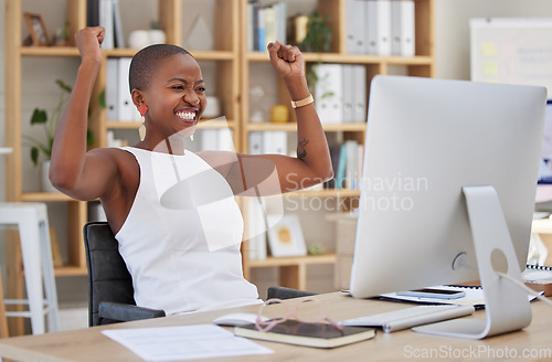 Image of Winning, happy woman and computer success, bonus or celebration of news, sales and business cheers in office. Wow, yes and winner or African person celebrate, fist pump and reading opportunity on pc