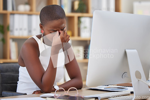 Image of Headache, migraine and sad woman on computer stress, depression or mental health risk in office for news. Pain, depressed or angry African business person with burnout or fatigue for online career