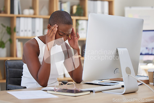 Image of Headache, migraine and pain of woman on computer stress, depression or mental health risk in office for news. Confused, depressed or frustrated African business person with burnout or fatigue online